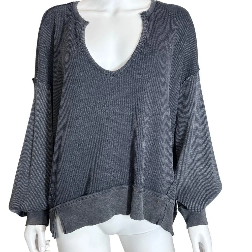 We The Free Buttercup Waffle Knit Pullover Womens S Black Cotton Blend V Neck - Picture 1 of 14